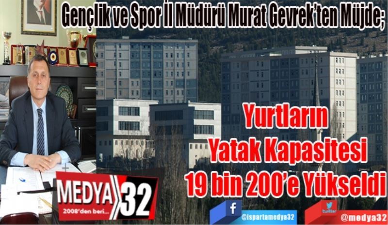 Gençlik ve Spor İl Müdürü Murat Gevrek’ten Müjde; 
Yurtların 
Yatak Kapasitesi
19 bin 200’e Yükseldi 
