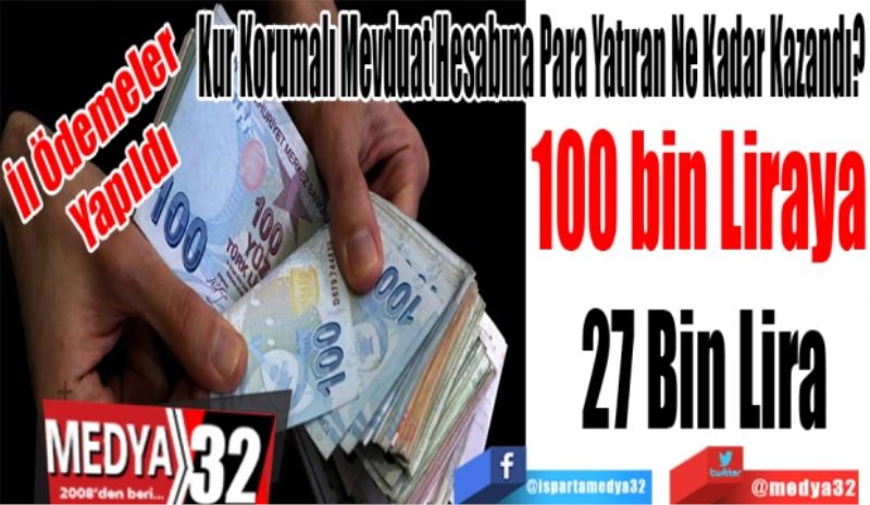 İlk Ödemeler 
Yapıldı
Kur Korumalı Mevduat Hesabına Para Yatıran Ne Kadar Kazandı? 
100 bin Liraya 
27 Bin Lira 
