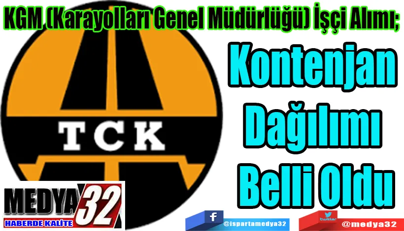 KGM (Karayolları Genel Müdürlüğü) İşçi Alımı;  Kontenjan  Dağılımı  Belli Oldu 