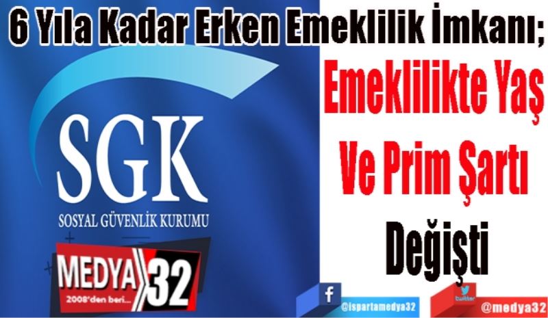 
6 Yıla Kadar Erken Emeklilik İmkanı; 
Emeklilikte Yaş 
Ve Prim Şartı 
Değişti
