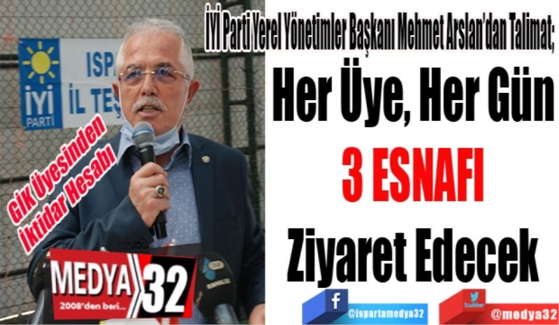 GİK Üyesinden
İktidar Hesabı 
İYİ Parti Yerel Yönetimler Başkanı Mehmet Arslan’dan Talimat; 
Her Üye 
Her Gün
3 Esnafı 
Ziyaret Edecek
