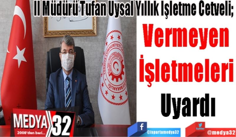 İl Müdürü Tufan Uysal Yıllık İşletme Cetveli; 
Vermeyen 
İşletmeleri 
Uyardı 
