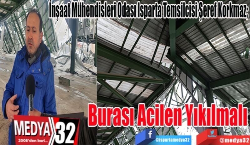 İnşaat Mühendisleri Odası Isparta Temsilcisi Şeref Korkmaz; 
Burası 
Acilen
Yıkılmalı
