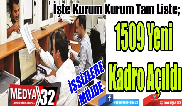 İŞSİZLERE MÜJDE
İşte Kurum Kurum Tam Liste; 
1509 Yeni 
Kadro Açıldı
