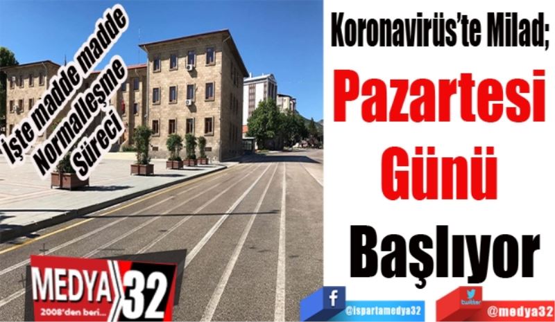 İşte madde madde
Normalleşme 
Süreci 
Koronavirüs’te Milad; 
Pazartesi 
Günü 
Başlıyor
