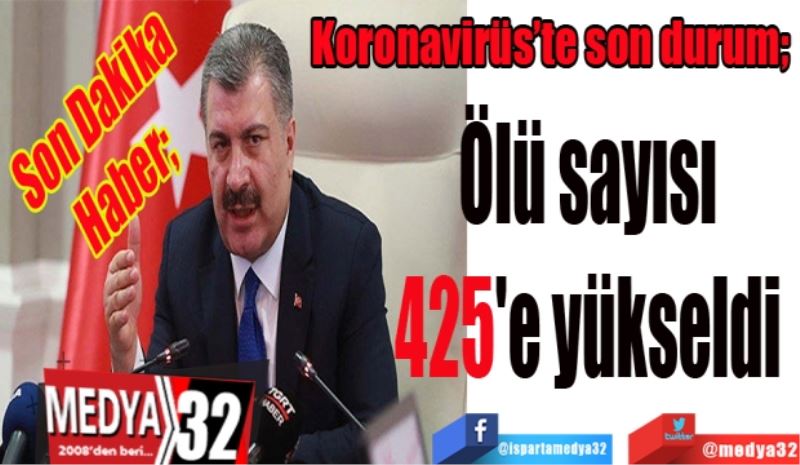 Koronavirüs’te son durum; 
Ölü sayısı 
425