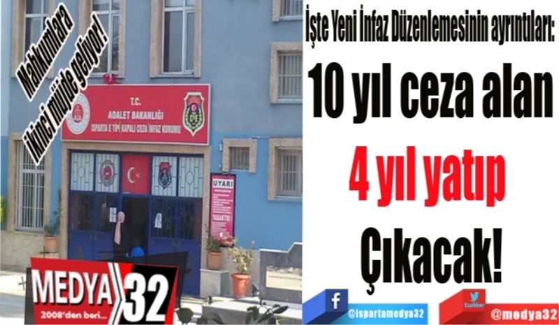 Mahkumlara ikinci müjde geliyor! 
İşte Yeni İnfaz Düzenlemesinin ayrıntıları: 
10 yıl ceza alan
4 yıl yatıp 
Çıkacak
