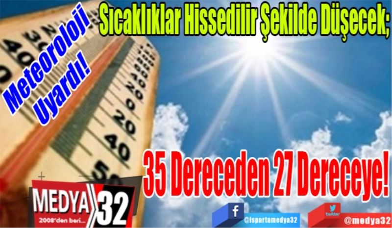 Meteoroloji Uyardı! 
Sıcaklıklar Hissedilir Şekilde Düşecek; 
35 Dereceden
27 Dereceye! 
