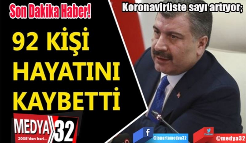 Son Dakika
Haber!
Koronavirüste sayı artıyor; 
92 kişi hayatını kaybetti 
